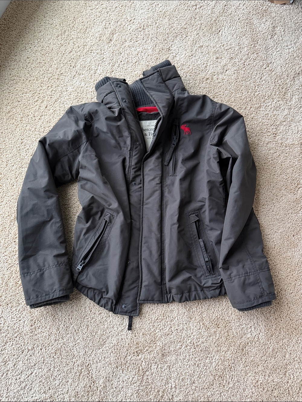 Abercrombie & Fitch Kids Charcoal Puffer Jacket with Red Logo